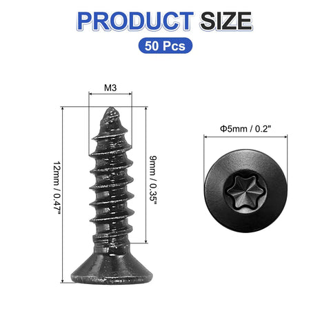 Heavy Duty 50 Pack Torx Flat Head Wood Screws M3 X 12mm Black Stainless Steel Countersunk with size details
