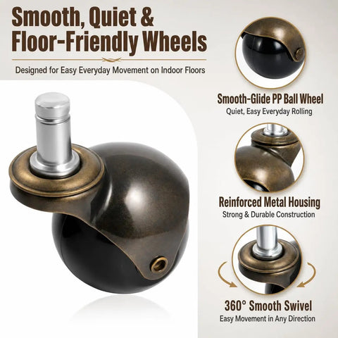 Two Inch Brass Caster Wheels Five Pack Antique Ball Casters With Seven Sixteenth Inch Diameter And Seven Eighth Inch Long Grip Ring Stem For Your Vintage Furniture Upgrades And Retro Vibe Not Universal Sockets Not Included, brass caster close-up
