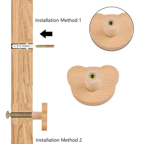 Bear Shaped Wooden Knobs 6 Pieces Single Hole Beech Wood Cabinet Handles Polished Smooth with screws and tubes