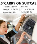 Flight attendant placing black hard shell carry on luggage with spinner wheels expandable 21 inch cabin suitcase in overhead bin.