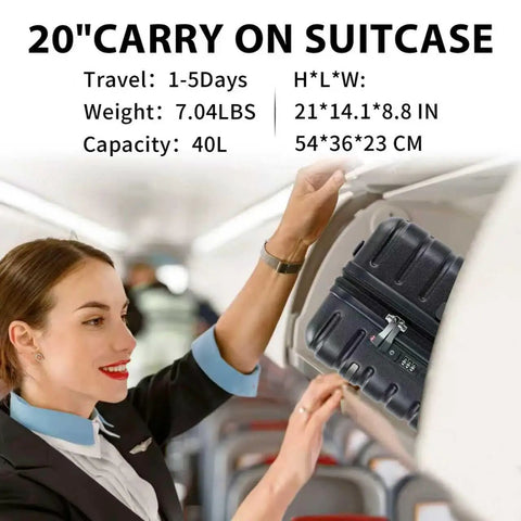 Flight attendant placing black hard shell carry on luggage with spinner wheels expandable 21 inch cabin suitcase in overhead bin.