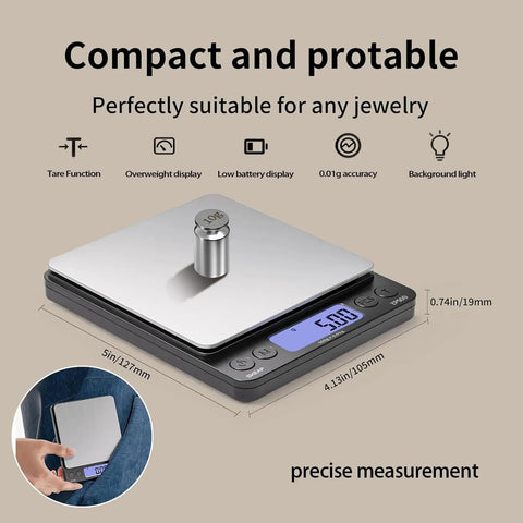 Digital Jewelry Scale 500 Gram By 0.01 Gram Precision For Jewelry, Gemstones And Coins With Backlit LCD Display, Tare Function
