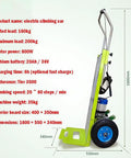 1200W Heavy Duty Electric Stair Climber Hand Truck With Folding Sack Design And Retractable Handle For Effortless Curved And Straight Stair Transport Up To 440 Pound Load Capacity, side view with specifications.