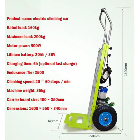 1200W Heavy Duty Electric Stair Climber Hand Truck With Folding Sack Design And Retractable Handle For Effortless Curved And Straight Stair Transport Up To 440 Pound Load Capacity, side view with specifications.