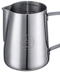 32 Oz Milk Frothing Pitcher for Espresso and Latte Art Stainless Steel 304 Jug for Cappuccino and Microfoam shown with handle and markings