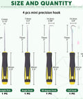 4 precision hooks from the All In One 8 Piece 7 Inch Snap Ring Pliers Kit With Straight And 90 Degree Internal External Pliers Plus 4 Precision Hooks For Fast Ring Removal Pro Grade Heavy Duty Circlip Pliers Set For Automotive And DIY Projects, showing straight, angle, 90-degree, and full hooks with measurements.