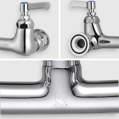 Pro Grade Wall Mount Pre Rinse Kitchen Faucet With Pull Down Sprayer, Brass Construction, UPC logo, close-up view