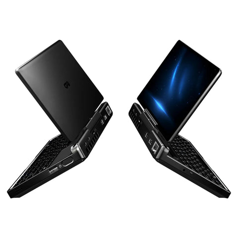 Badass 7 Inch FHD Touchscreen Mini Laptop PC Featuring Intel Core I3 N300 Eight Core Processor with side view displaying ports and screen.