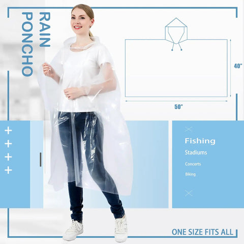Person wearing Ultra Thick Disposable Rain Ponchos For Adults With Hood 10 Pack Clear Budget Friendly Outdoor Rain Gear