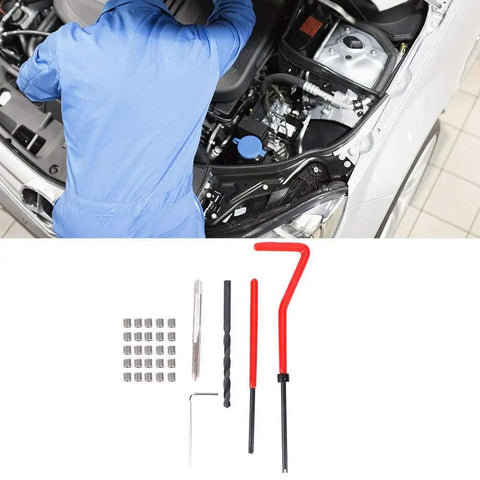 Mechanic using 30 Piece Thread Repair Kit with Stainless Steel Twisted Drill, Tap, Wrench, Tang Breaker, Hex Wrench, and M4x0.7 Inserts