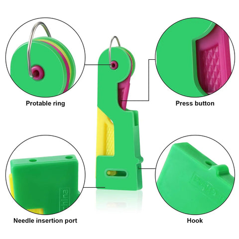 Close-up of green automatic needle threading device components from Must Have 46 Piece Sewing Tools Kit With 9 Automatic Needle Threading Devices 30 Self Threading Needles 3 Seam Rippers 2 Thimbles Sewing Scissors And Velvet Bag For Quick Easy Hand And Machine Sewing On The Go.