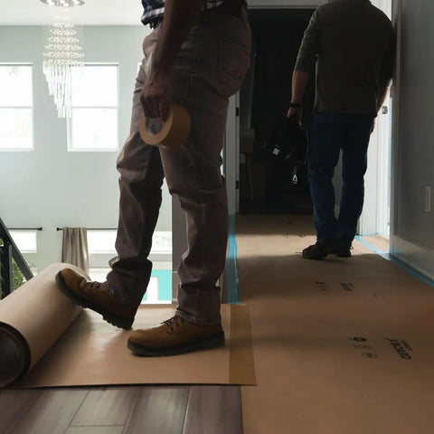 X Board Paint and Remodel Surface Protector being installed on a hallway floor, showcasing Spill Block technology in action