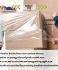 128 Rolls Of 17 Inch Pre Stretch Shrink Wrap, 48 Gauge Clear Plastic Film With Pro Grip Self Adhesion, No Sweat Application For Moving Hauls, Pallet Wrapping, Quick Shipping Prep, And Reliable Long Term Storage Kits used to wrap boxes securely.