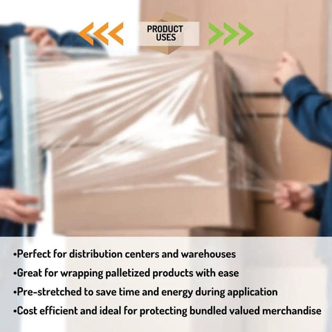 128 Rolls Of 17 Inch Pre Stretch Shrink Wrap, 48 Gauge Clear Plastic Film With Pro Grip Self Adhesion, No Sweat Application For Moving Hauls, Pallet Wrapping, Quick Shipping Prep, And Reliable Long Term Storage Kits used to wrap boxes securely.