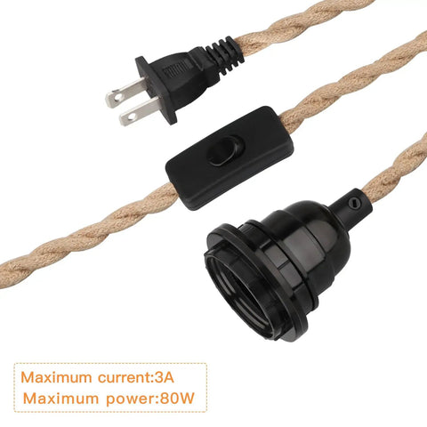 Plug And Play Boho Pendant Light With 16 FT Natural Linen Shade And Integrated On Off Switch Hemp Cord with socket and switch