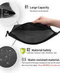 Grab-And-Go Water-Resistant Zipper Pouch Set Mesh Storage Bags showing large black pouch, water resistance, and material safety details.