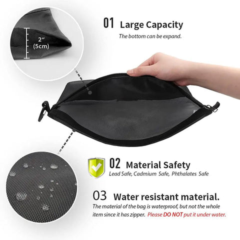 Grab-And-Go Water-Resistant Zipper Pouch Set Mesh Storage Bags showing large black pouch, water resistance, and material safety details.