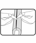 Illustration of hands peeling self-adhesive backing from black foam pipe insulation tube, one half inch wall by five eighth inch diameter