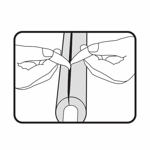 Illustration of hands peeling self-adhesive backing from black foam pipe insulation tube, one half inch wall by five eighth inch diameter