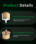 Universal Inline Fuel Filter Pack 10 3/8 Inch product details showing filtration accuracy and zero-leakage features.