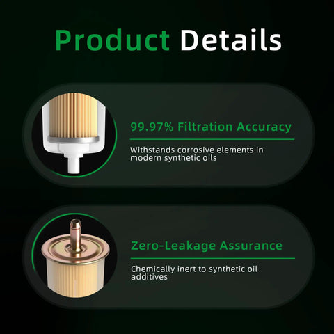 Universal Inline Fuel Filter Pack 10 3/8 Inch product details showing filtration accuracy and zero-leakage features.