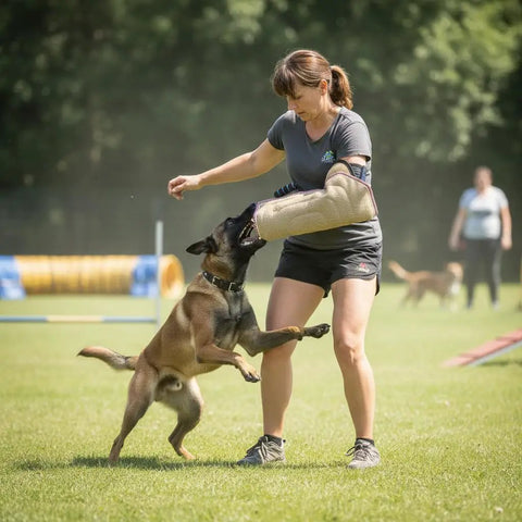 Trainer using Dog Bite Sleeve Training Pro Grade For Large Dogs Heavy Duty Jute Gear With Safe Padded Arm Sleeve during dog agility exercise