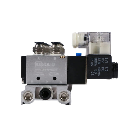 Front view of Beefy Eight Valve Pneumatic Solenoid Valve Kit 4V210-08 Five Way Two Position Base with 1/4 inch NPT Threads DC 12V