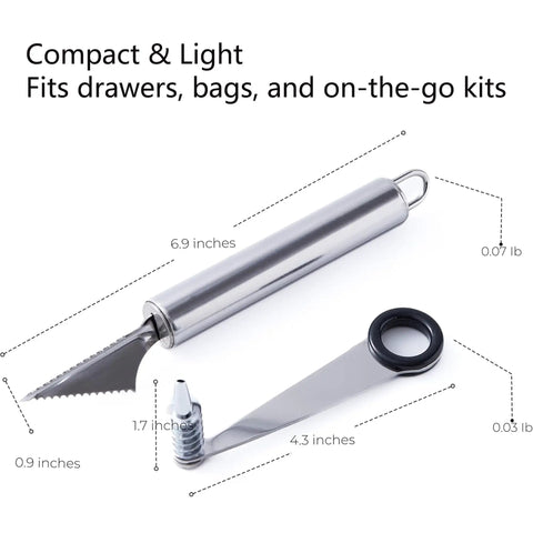 Awesome 2 Piece Spiral Cutter And V Shape Carving Tool Set with dimensions and weight details; compact kitchen gadgets.