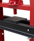 Heavy Duty 20 Ton H Frame Hydraulic Shop Press Shop Dog featuring adjustable black stamping plate and red steel frame.