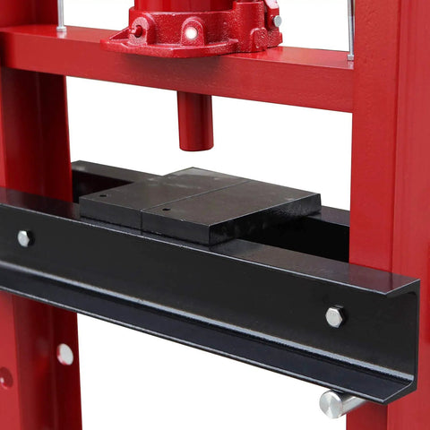 Heavy Duty 20 Ton H Frame Hydraulic Shop Press Shop Dog featuring adjustable black stamping plate and red steel frame.