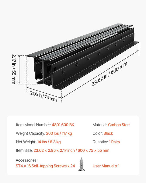 Undermount Heavy Duty Drawer Slides Full Extension Ball Bearing 260 Lb Load Capacity 32 Inch Track Rails Black Metal Close-up