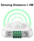 2 Pack No Brainer 12V-24V PIR Motion Sensor Switch for LED Light Strips Infrared Controller With Adjustable 1-10 Min Delay Auto On Off Motion Activated Sign Control 8 Meters Detection Range White, front view