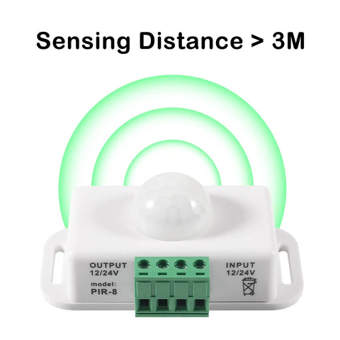 2 Pack No Brainer 12V-24V PIR Motion Sensor Switch for LED Light Strips Infrared Controller With Adjustable 1-10 Min Delay Auto On Off Motion Activated Sign Control 8 Meters Detection Range White, front view