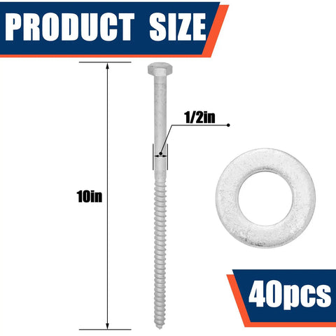 Heavy Duty Wood Lag Bolts Kit With Washers 40 Pack Half Inch By Ten Inch Hot Dip Galvanized Hex Lag Screws For Decks And Fences Tandefio A Sturdy Exterior Construction Fastener Set For Outdoor Wood Projects showing bolt and washer size.