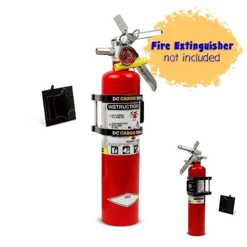 E Track Fire Extinguisher Bracket for Truck and Trailer with Quick Release Tech fits 2.5 lb extinguishers shown without extinguisher
