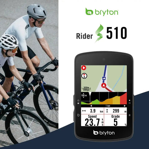 Cyclists next to Rider S510 GPS Bike Computer With A Two Point Eight Inch Color Touchscreen Offline USA Maps Displayed