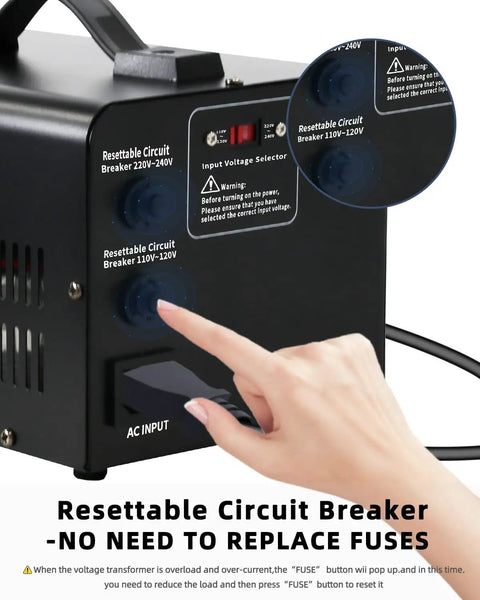 Heavy Duty 2000W Voltage Transformer Converter Step Up From 110-120V To 220-240V showing resettable circuit breaker