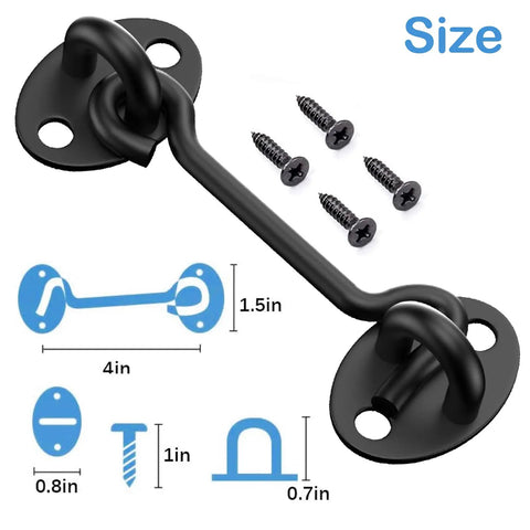 Heavy Duty Barn Door Latch And Lock Set Black Six Inch Hook And Eye Catch With Rust Proof Steel and screws for easy installation.