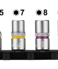 Front view of four chrome socket heads on a black rail labeled 5.5, 7, 8, 10 mm.