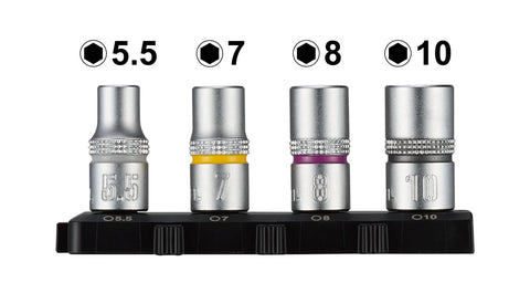 Front view of four chrome socket heads on a black rail labeled 5.5, 7, 8, 10 mm.