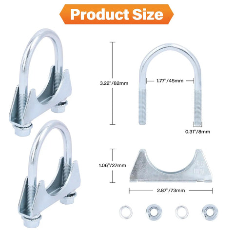Two Pack 1.77 Inch U-Bolt Clamp Saddle Style Exhaust Clamps For Mufflers And Tip Pipes 45mm Steel set dimensions and parts view