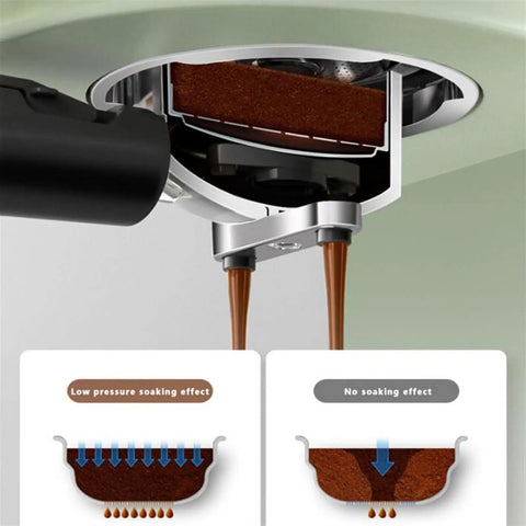 Close-up of brewing process in Compact Electric Espresso Maker With Built In Milk Frother Portable Home Barista Machine.