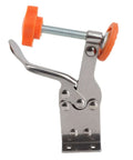 Vertical Toggle Clamp in Stainless Steel, Heavy-Duty Hold-Down Tool with No-Slip Grip, side view showing orange rubber indenter.