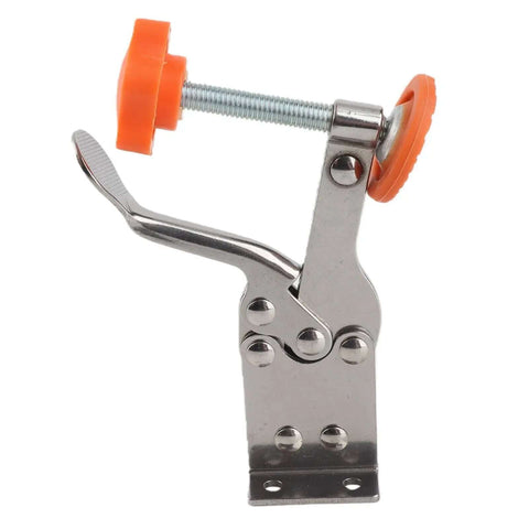 Vertical Toggle Clamp in Stainless Steel, Heavy-Duty Hold-Down Tool with No-Slip Grip, side view showing orange rubber indenter.