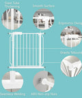 Infographic of Extra Wide Walk Through Baby Gate 43 To 48 Inches showing steel, ergonomic design, seamless welding, auto close features.