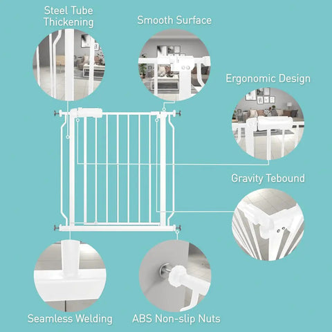 Infographic of Extra Wide Walk Through Baby Gate 43 To 48 Inches showing steel, ergonomic design, seamless welding, auto close features.