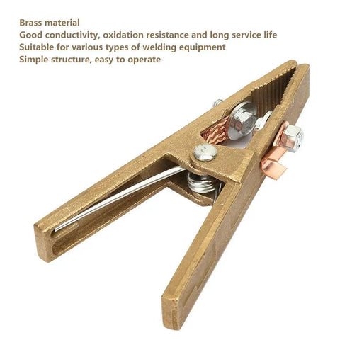 Heavy Duty Brass A-Shape Ground Welding Earth Clamp With Super 300 Amp High Conductivity For Argon Arc TIG And Stick Welding Jobs That Get Dirty Fast, showing the clamp's open jaws and brass material.