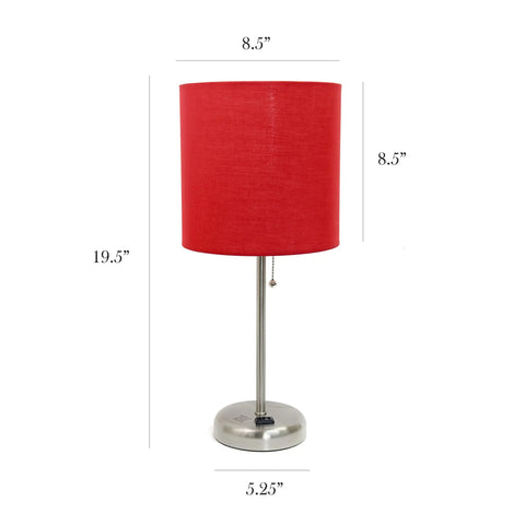 Sleek Brushed Steel Table Lamp With Built-In Charging Outlet, Slim Drum Fabric Shade In White, Modern Desk Light dimensions