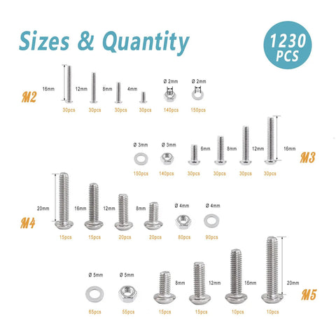 Chart of screw sizes in All In One Pro Grade Stainless Steel Screw Kit With 1230 Piece Metric Assortment From M2 To M5