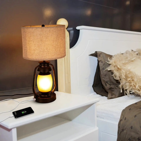 Set Of 2 Farmhouse Table Lamps With Dual USB Charging Ports And 4 Way Rotary Switch next to bed